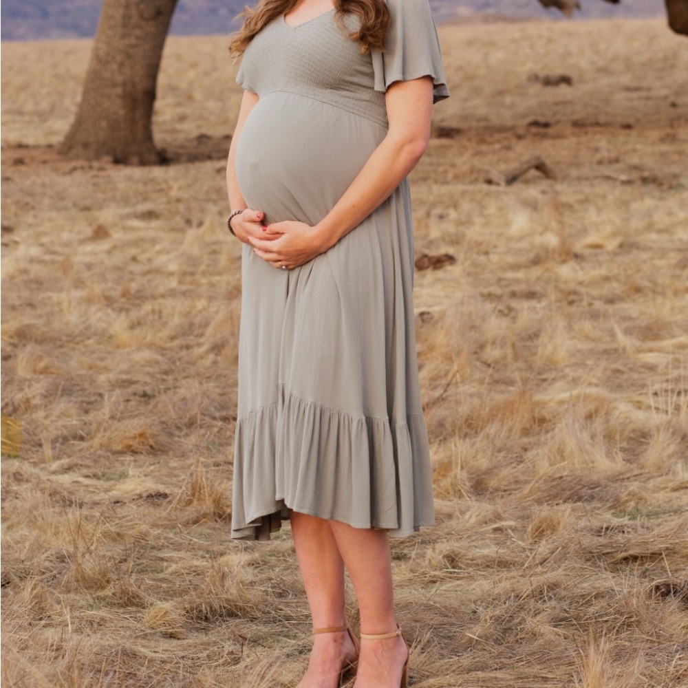 Medium Light Olive Smocked V-Neck Maternity Midi Dress